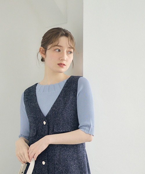 12Twelve Agenda(トゥエルブ アジェンダ)の「前後2wayスカラネック5分袖リブニットプルオーバー(ニット/セーター・レディース・ブラック/サックスブルー/オフホワイト/グリーン/ピンク/ブラウン/ブルーグリーン・M)」の17枚目の写真