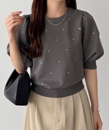 パフスリーブラインストーンニット