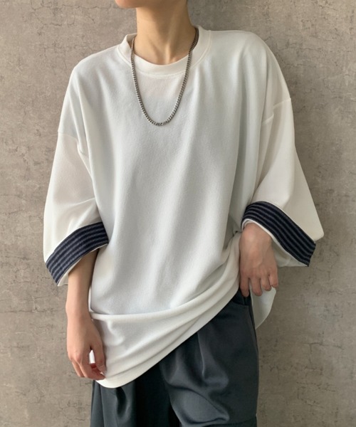 link lot（リンクロット）の「【新色追加】袖チェック/ストライプビッグTシャツ（Tシャツ/カットソー・メンズ・ホワイト/ブラック/ブラック系その他/グレー/グレー系その他/ホワイト系その他・M/L）」の2枚目の写真