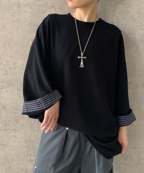 link lot（リンクロット）の「【新色追加】袖チェック/ストライプビッグTシャツ（Tシャツ/カットソー・メンズ・ホワイト/ブラック/ブラック系その他/グレー/グレー系その他/ホワイト系その他・M/L）」の4枚目の写真