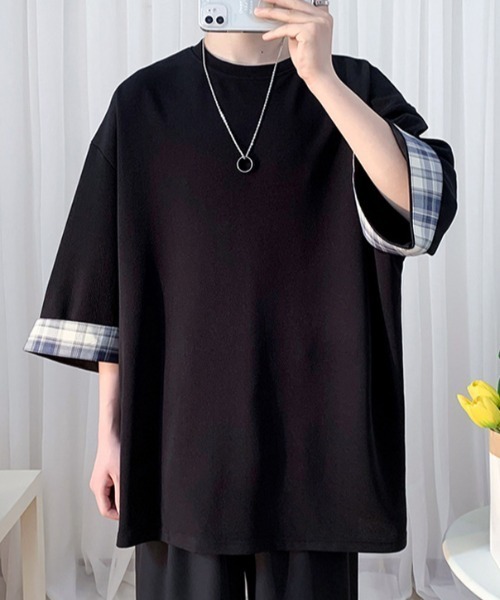 link lot（リンクロット）の「【新色追加】袖チェック/ストライプビッグTシャツ（Tシャツ/カットソー・メンズ・ホワイト/ブラック/ブラック系その他/グレー/グレー系その他/ホワイト系その他・M/L）」の3枚目の写真