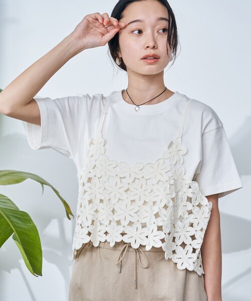coen(コーエン)の「【セットアイテム】 クロシェキャミセットT(Tシャツ/カットソー・レディース・ライトグレー/オフホワイト/ダークグレー・M/L)」の1枚目の写真