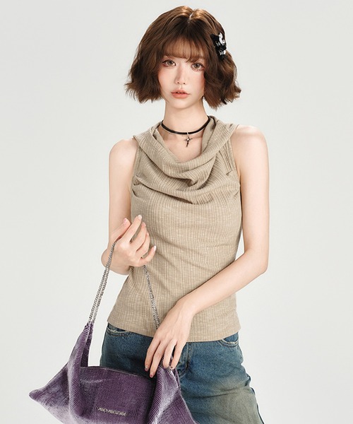tシャツ ドレープドネック ノースリーブリブトップス GH25s073「Girlyhalo」 レディース ドレープドネック ノースリーブリブトップス GH25s073