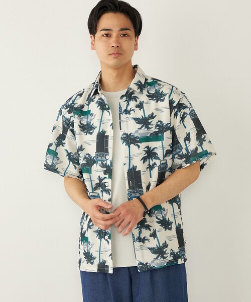 SHIPS Colors(シップス カラーズ)の「SHIPS Colors:〈洗濯機可能〉メッシュ 総柄 プリント シャツ(シャツ/ブラウス・メンズ・ライトホワイト/グリーン/イエロー系その他2/ネイビー・MEDIUM/LARGE/X-LARGE)」の2枚目の写真