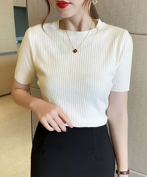 blackdia ocean(ブラックダイヤオーシャン)の「blackdia ocean ハーフスリーブ リブニットトップス(ニット/セーター・レディース・オレンジ/ベージュ/ブラック/ライトグリーン/ピンク/ワインレッド/ホワイト・FREE)」の3枚目の写真