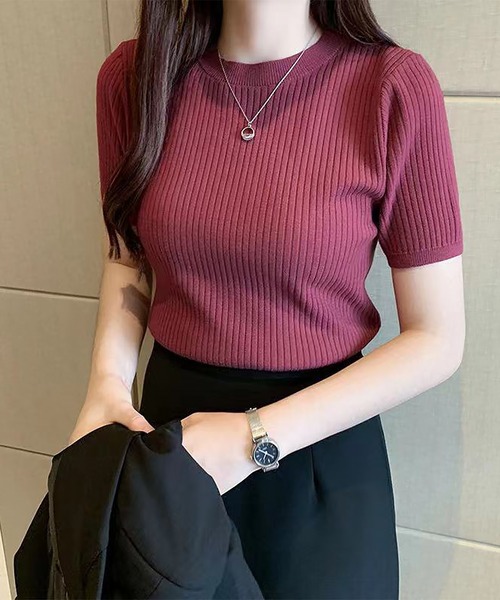 blackdia ocean(ブラックダイヤオーシャン)の「blackdia ocean ハーフスリーブ リブニットトップス(ニット/セーター・レディース・オレンジ/ベージュ/ブラック/ライトグリーン/ピンク/ワインレッド/ホワイト・FREE)」の6枚目の写真