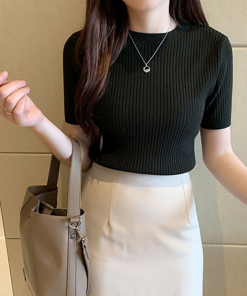 blackdia ocean(ブラックダイヤオーシャン)の「blackdia ocean ハーフスリーブ リブニットトップス(ニット/セーター・レディース・オレンジ/ベージュ/ブラック/ライトグリーン/ピンク/ワインレッド/ホワイト・FREE)」の9枚目の写真