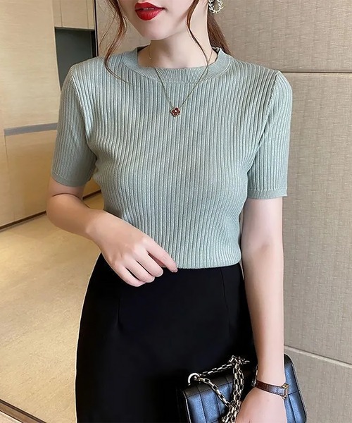 blackdia ocean(ブラックダイヤオーシャン)の「blackdia ocean ハーフスリーブ リブニットトップス(ニット/セーター・レディース・オレンジ/ベージュ/ブラック/ライトグリーン/ピンク/ワインレッド/ホワイト・FREE)」の13枚目の写真