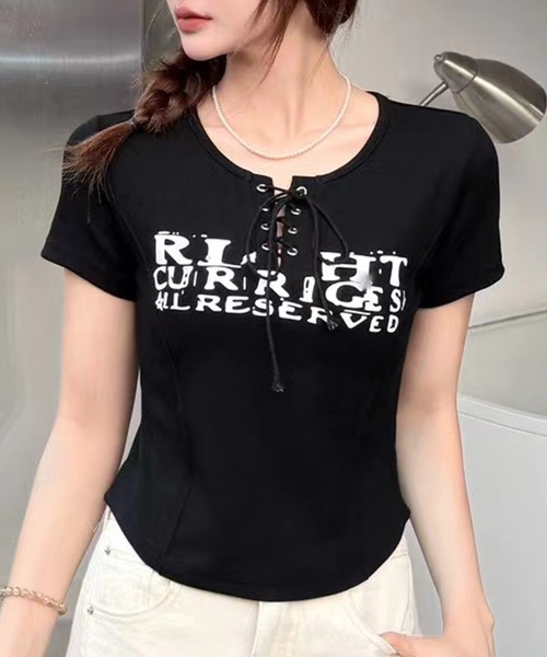 SpRay(スプレイ)の「レースアップロゴTシャツ(Tシャツ/カットソー・レディース・ブラウン/ボルドー/ホワイト/ベージュ/ブラック/アイボリー・FREE/LARGE)」の15枚目の写真