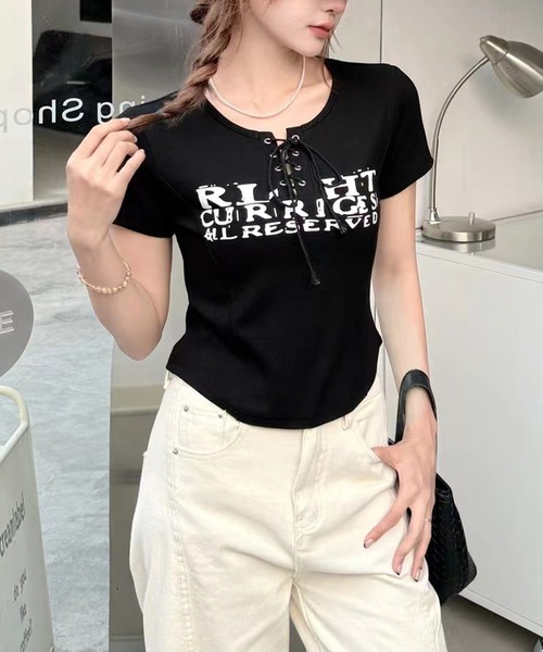 SpRay(スプレイ)の「レースアップロゴTシャツ(Tシャツ/カットソー・レディース・ブラウン/ボルドー/ホワイト/ベージュ/ブラック/アイボリー・FREE/LARGE)」の14枚目の写真