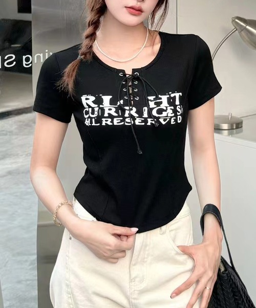 SpRay(スプレイ)の「レースアップロゴTシャツ(Tシャツ/カットソー・レディース・ブラウン/ボルドー/ホワイト/ベージュ/ブラック/アイボリー・FREE/LARGE)」の13枚目の写真