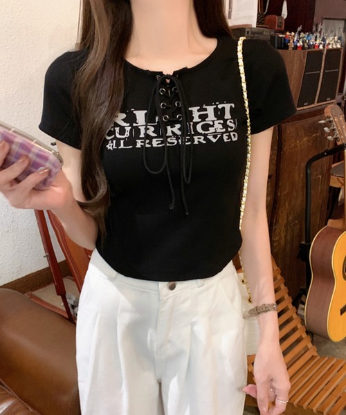 SpRay(スプレイ)の「レースアップロゴTシャツ(Tシャツ/カットソー・レディース・ブラウン/ボルドー/ホワイト/ベージュ/ブラック/アイボリー・FREE/LARGE)」の8枚目の写真