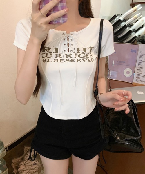 SpRay(スプレイ)の「レースアップロゴTシャツ(Tシャツ/カットソー・レディース・ブラウン/ボルドー/ホワイト/ベージュ/ブラック/アイボリー・FREE/LARGE)」の20枚目の写真