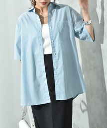 先染めストライプ５分袖シャツ