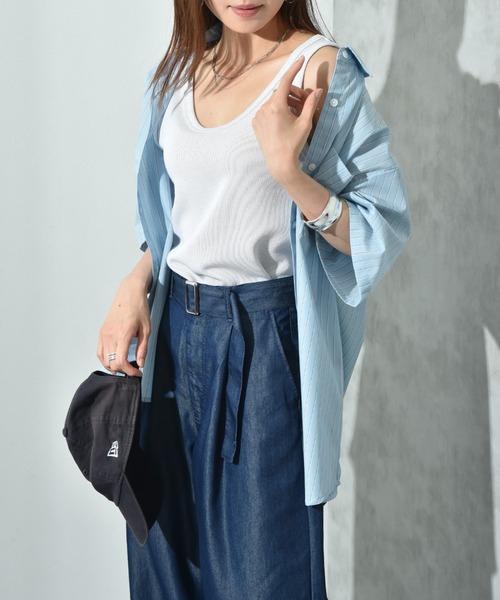 INTERPLANET（インタープラネット）の「先染めストライプ５分袖シャツ（シャツ/ブラウス・レディース・サックスブルー/ピンク/イエロー・FREE）」の6枚目の写真