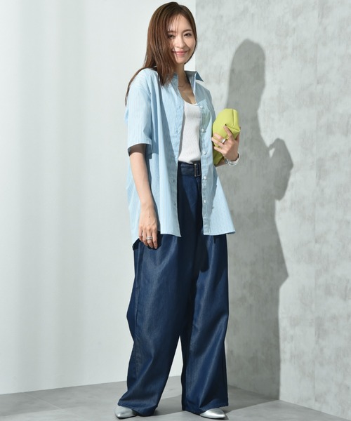 INTERPLANET（インタープラネット）の「先染めストライプ５分袖シャツ（シャツ/ブラウス・レディース・サックスブルー/ピンク/イエロー・FREE）」の7枚目の写真