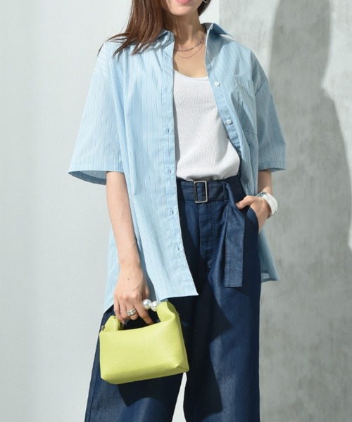 INTERPLANET（インタープラネット）の「先染めストライプ５分袖シャツ（シャツ/ブラウス・レディース・サックスブルー/ピンク/イエロー・FREE）」の8枚目の写真