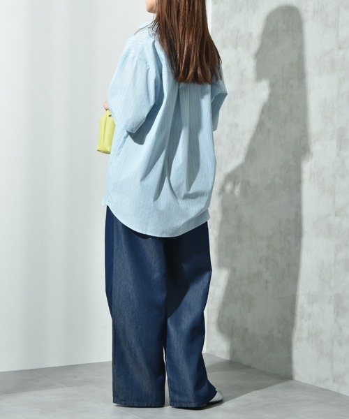 INTERPLANET（インタープラネット）の「先染めストライプ５分袖シャツ（シャツ/ブラウス・レディース・サックスブルー/ピンク/イエロー・FREE）」の9枚目の写真