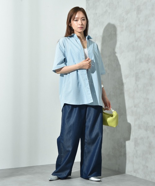 INTERPLANET（インタープラネット）の「先染めストライプ５分袖シャツ（シャツ/ブラウス・レディース・サックスブルー/ピンク/イエロー・FREE）」の11枚目の写真