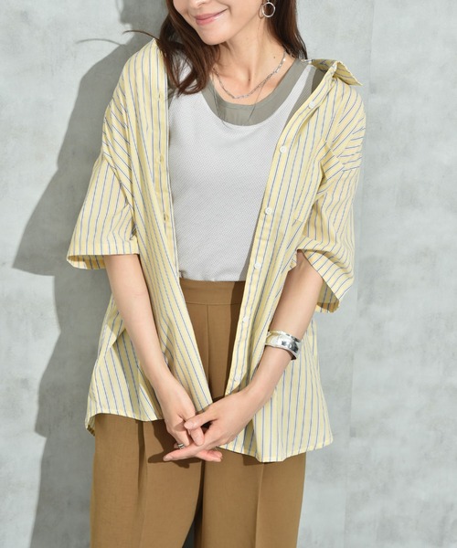 INTERPLANET（インタープラネット）の「先染めストライプ５分袖シャツ（シャツ/ブラウス・レディース・サックスブルー/ピンク/イエロー・FREE）」の14枚目の写真