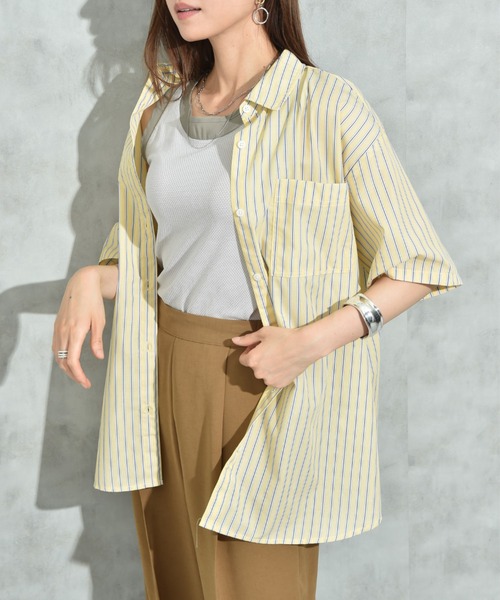 INTERPLANET（インタープラネット）の「先染めストライプ５分袖シャツ（シャツ/ブラウス・レディース・サックスブルー/ピンク/イエロー・FREE）」の13枚目の写真