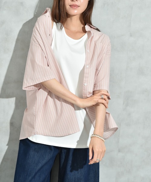 INTERPLANET（インタープラネット）の「先染めストライプ５分袖シャツ（シャツ/ブラウス・レディース・サックスブルー/ピンク/イエロー・FREE）」の19枚目の写真