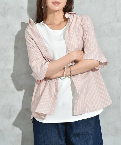 INTERPLANET（インタープラネット）の「先染めストライプ５分袖シャツ（シャツ/ブラウス・レディース・サックスブルー/ピンク/イエロー・FREE）」の21枚目の写真