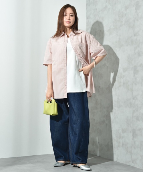 INTERPLANET（インタープラネット）の「先染めストライプ５分袖シャツ（シャツ/ブラウス・レディース・サックスブルー/ピンク/イエロー・FREE）」の22枚目の写真