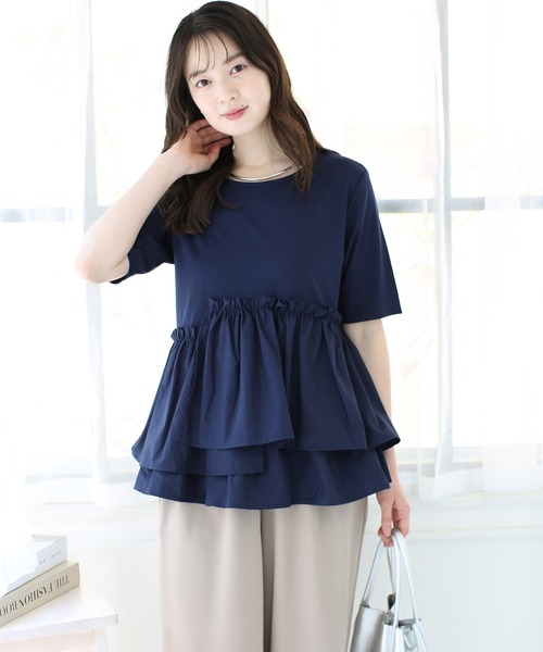 tシャツ アシンメタフタフリルコンビカットソー レディース アシンメトリーフリルカットソー 半袖Tシャツ フリル[品番