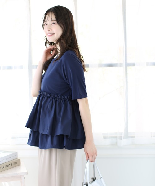 fifth(フィフス)の「【接触冷感】アシンメトリードッキングTシャツ(Tシャツ/カットソー・レディース・ネイビー/ホワイト・M)」の4枚目の写真