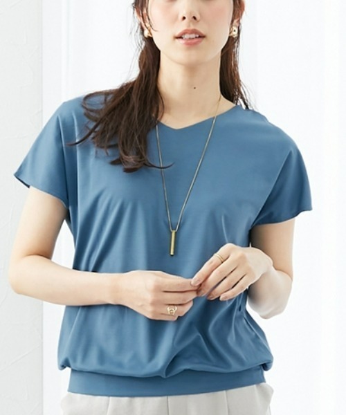 7days Life Styling（セブンデイズライフスタイリング）の「【接触冷感】シルケット加工フレンチスリーブVネックカットソートップス（Tシャツ/カットソー・レディース・ミント/ネイビー/ブラウン/オフホワイト/ライトベージュ/ブルーグレー/チャコール・S/M/L/LL/3L）」の3枚目の写真