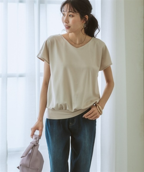 7days Life Styling（セブンデイズライフスタイリング）の「【接触冷感】シルケット加工フレンチスリーブVネックカットソートップス（Tシャツ/カットソー・レディース・ミント/ネイビー/ブラウン/オフホワイト/ライトベージュ/ブルーグレー/チャコール・S/M/L/LL/3L）」の20枚目の写真