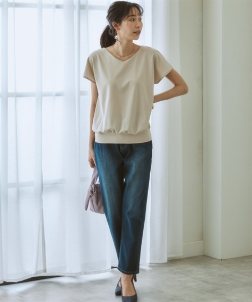 7days Life Styling（セブンデイズライフスタイリング）の「【接触冷感】シルケット加工フレンチスリーブVネックカットソートップス（Tシャツ/カットソー・レディース・ミント/ネイビー/ブラウン/オフホワイト/ライトベージュ/ブルーグレー/チャコール・S/M/L/LL/3L）」の21枚目の写真