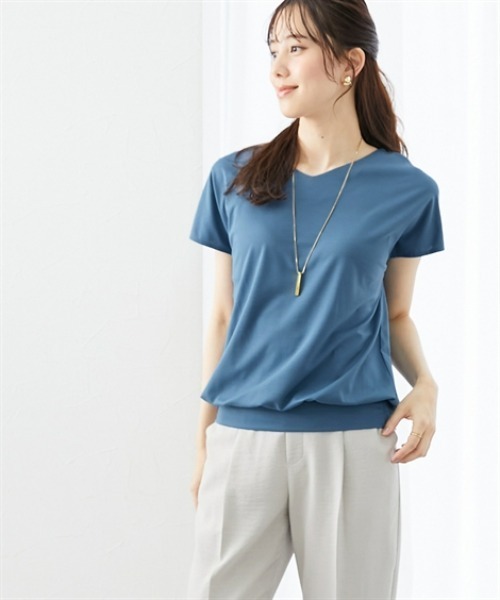 7days Life Styling（セブンデイズライフスタイリング）の「【接触冷感】シルケット加工フレンチスリーブVネックカットソートップス（Tシャツ/カットソー・レディース・ミント/ネイビー/ブラウン/オフホワイト/ライトベージュ/ブルーグレー/チャコール・S/M/L/LL/3L）」の8枚目の写真