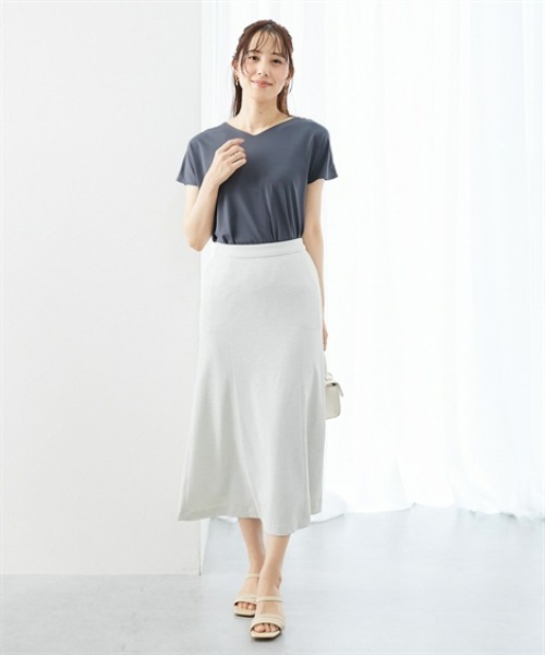 7days Life Styling（セブンデイズライフスタイリング）の「【接触冷感】シルケット加工フレンチスリーブVネックカットソートップス（Tシャツ/カットソー・レディース・ミント/ネイビー/ブラウン/オフホワイト/ライトベージュ/ブルーグレー/チャコール・S/M/L/LL/3L）」の12枚目の写真