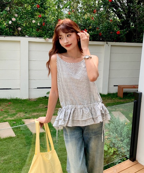 LAFFMO（ラフモ）の「チェック柄ペプラムキャミソール（キャミソール・レディース・ブラック/ホワイト・F）」の9枚目の写真