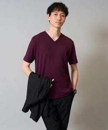 【イージーケア/接触冷感/毛玉になりにくい】ストライプジャカードVネックカットソー〈SMART SERIES〉ビジネス 通勤 ジャケット