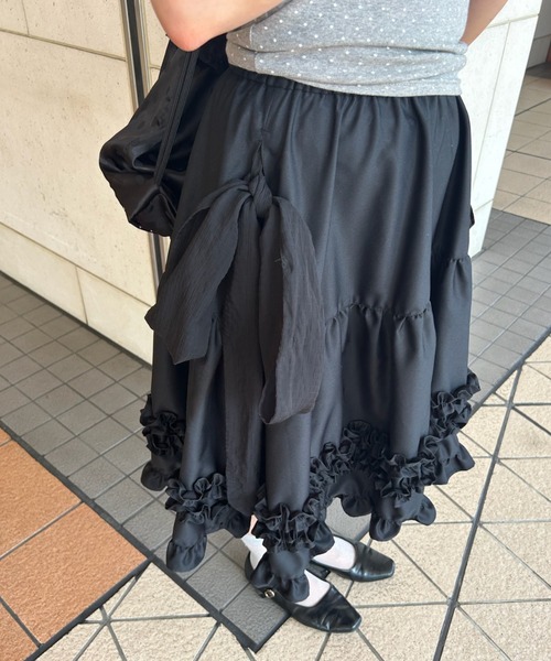 asymmetry frill 2way ribbon skirt / 【リボン取外し可能】サイド
