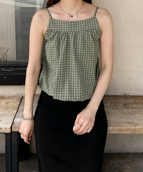 LE MORE（リモア）の「チェックキャミブラウス（タンクトップ・レディース・カーキ/ネイビー/アイボリー・FREE）」の9枚目の写真