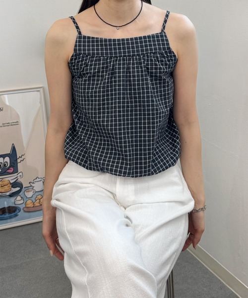 LE MORE（リモア）の「チェックキャミブラウス（タンクトップ・レディース・カーキ/ネイビー/アイボリー・FREE）」の13枚目の写真