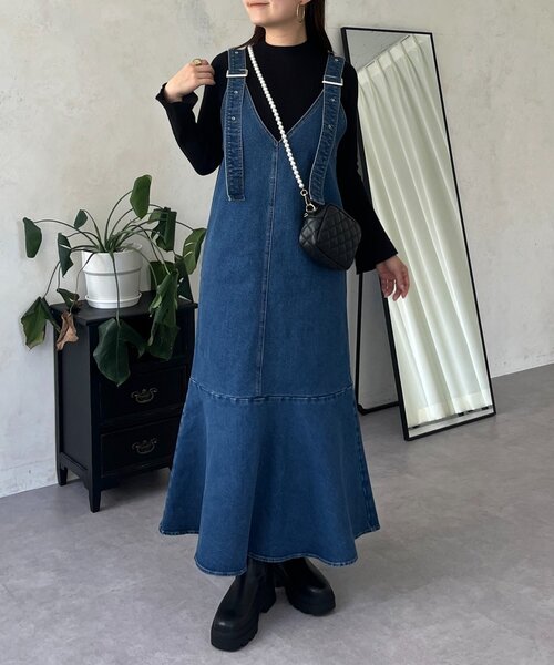 セール】Vネックマーメイドストレッチデニムジャンスカ（ワンピース