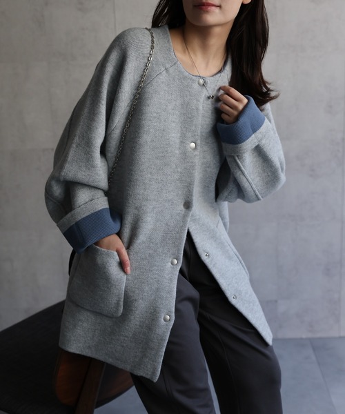 セール】スナップボタン 配色ニットカーディガン / ニットジャケット