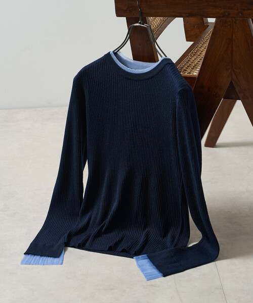 FREAK'S STORE（フリークスストア）の「＜新色追加＞ウォッシャブル 配色 レイヤードシアーニット/洗えるニット（ニット/セーター・レディース・ブラウン/ブラック/ナチュラル/グレー/ネイビー/チャコール/ピンク/オフホワイト・ﾌﾘ-/MEDIUM）」の7枚目の写真