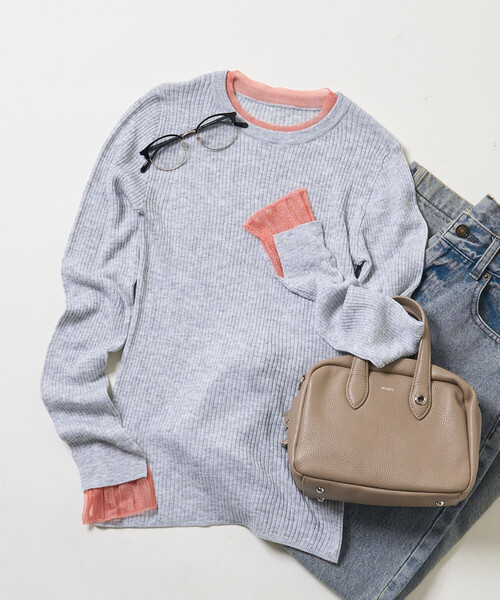 FREAK'S STORE（フリークスストア）の「＜新色追加＞ウォッシャブル 配色 レイヤードシアーニット/洗えるニット（ニット/セーター・レディース・ブラウン/ブラック/ナチュラル/グレー/ネイビー/チャコール/ピンク/オフホワイト・ﾌﾘ-/MEDIUM）」の4枚目の写真