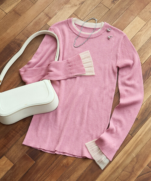 FREAK'S STORE（フリークスストア）の「＜新色追加＞ウォッシャブル 配色 レイヤードシアーニット/洗えるニット（ニット/セーター・レディース・ブラウン/ブラック/ナチュラル/グレー/ネイビー/チャコール/ピンク/オフホワイト・ﾌﾘ-/MEDIUM）」の8枚目の写真