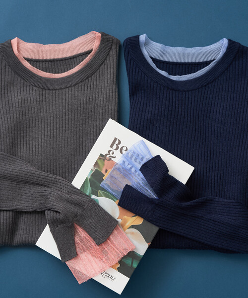 FREAK'S STORE（フリークスストア）の「＜新色追加＞ウォッシャブル 配色 レイヤードシアーニット/洗えるニット（ニット/セーター・レディース・ブラウン/ブラック/ナチュラル/グレー/ネイビー/チャコール/ピンク/オフホワイト・ﾌﾘ-/MEDIUM）」の17枚目の写真