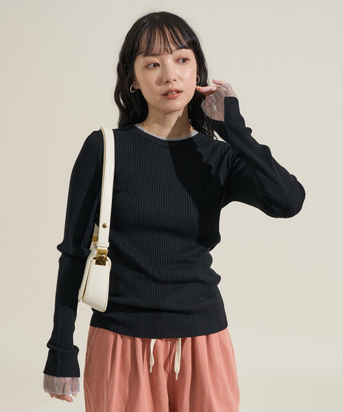 FREAK'S STORE（フリークスストア）の「＜新色追加＞ウォッシャブル 配色 レイヤードシアーニット/洗えるニット（ニット/セーター・レディース・ブラウン/ブラック/ナチュラル/グレー/ネイビー/チャコール/ピンク/オフホワイト・ﾌﾘ-/MEDIUM）」の21枚目の写真