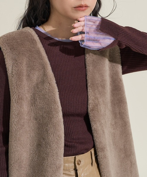 FREAK'S STORE（フリークスストア）の「＜新色追加＞ウォッシャブル 配色 レイヤードシアーニット/洗えるニット（ニット/セーター・レディース・ブラウン/ブラック/ナチュラル/グレー/ネイビー/チャコール/ピンク/オフホワイト・ﾌﾘ-/MEDIUM）」の11枚目の写真