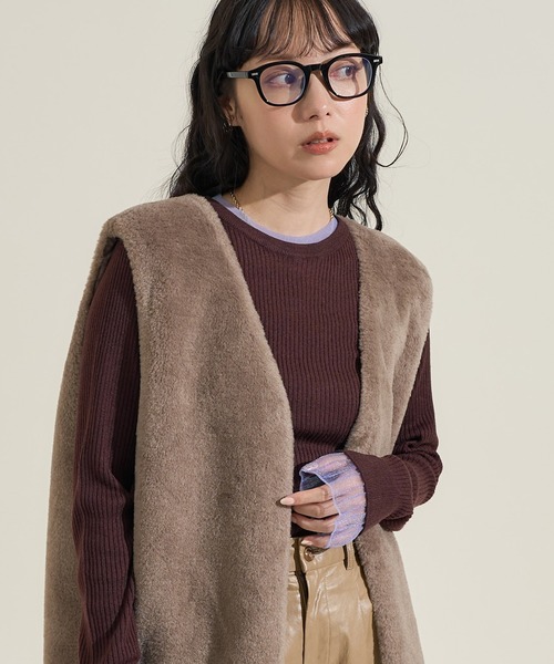 FREAK'S STORE（フリークスストア）の「＜新色追加＞ウォッシャブル 配色 レイヤードシアーニット/洗えるニット（ニット/セーター・レディース・ブラウン/ブラック/ナチュラル/グレー/ネイビー/チャコール/ピンク/オフホワイト・ﾌﾘ-/MEDIUM）」の12枚目の写真