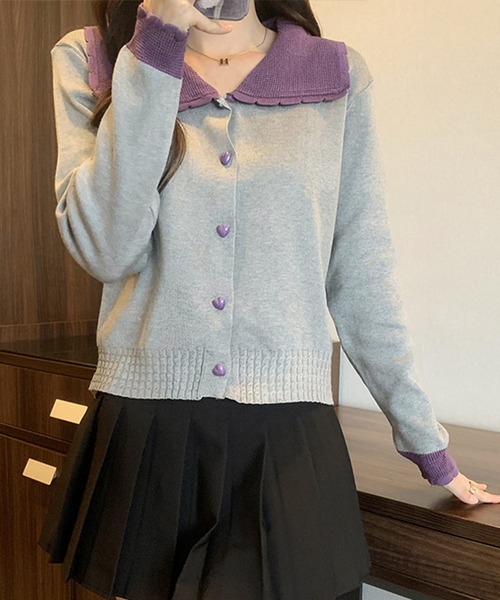 Lace Ladies(レースレディース)の「配色 ハート ボタン ビッグカラー ニット カーディガン(カーディガン/ボレロ・レディース・アイボリー/レッド/グレー・FREE)」の2枚目の写真